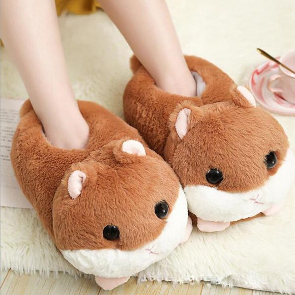 

slippers girl's cartoon hamster cotton cute women funny plush warm soft home slides ladies creative animal lovely furry shoes, Black