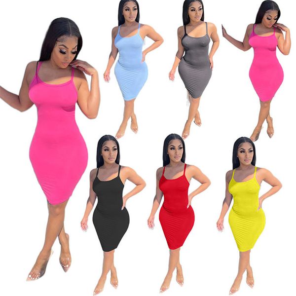 

plus size s-3xl women solid color dresses spaghetti strap sleeveless midi skirts summer clothing fashion seven colors skinny dress 4789, Black;gray