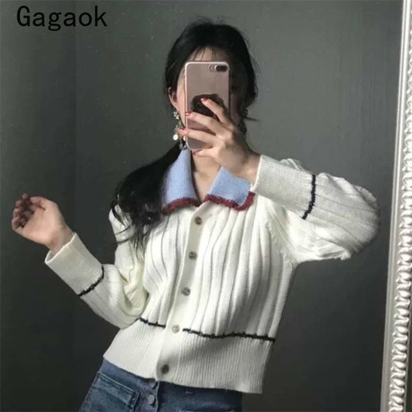 

women vintage knitted sweater spring autumn turn-down collar full patchwork loose sweet chic wild cardigans 210531, White