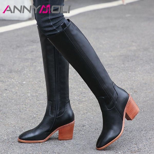 

boots annymoli autumn knee high women natural genuine leather thick heel long zip round toe shoes ladies winter 34-43, Black