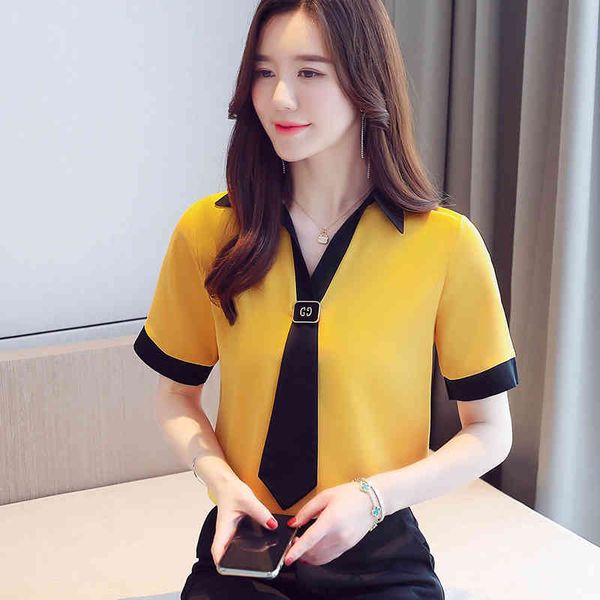 

korean fashion clothing summer contrasting color tie v collar shorts-sleeved chiffon shirt women 663c 210420, White
