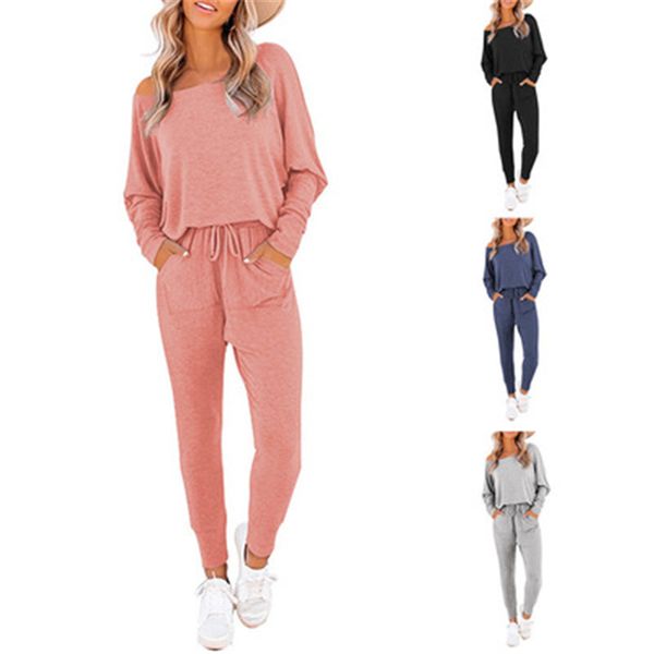 

womens solid color tracksuits fashion trend long sleeve round neck neck drawstring trousers suits autumn female loose casual 2pcs sets, Gray