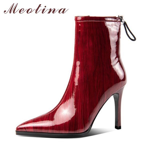 Couro Genuíno Extreme High Heavick Botas de Ankle Mulheres Sapatos Pointed Toe Stiletto Saltos Zipper Curto Feminino Vinho Vermelho 210517