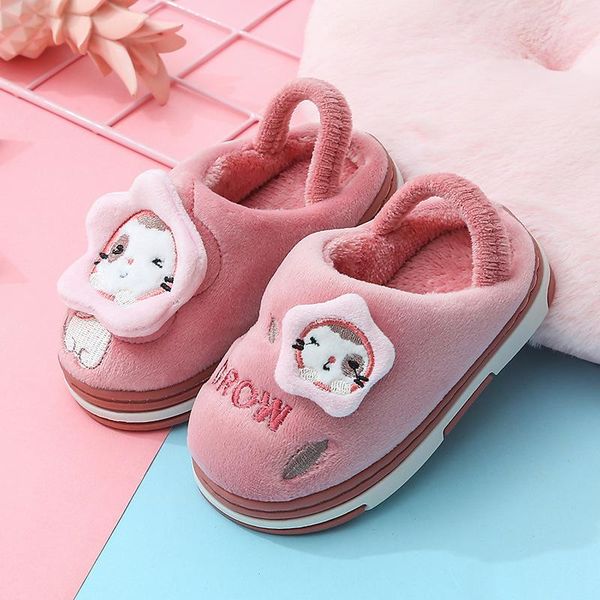

winter kids slippers toddler girls animal cat flip flop plush slides baby boys indoor shoes warm house children cotton slipper, Black;grey