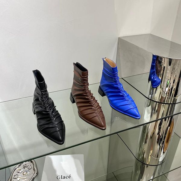 

boots pointed toe women ankle elastic sock black/blue/brown flat low heels solid color back zipper autumn booties woman