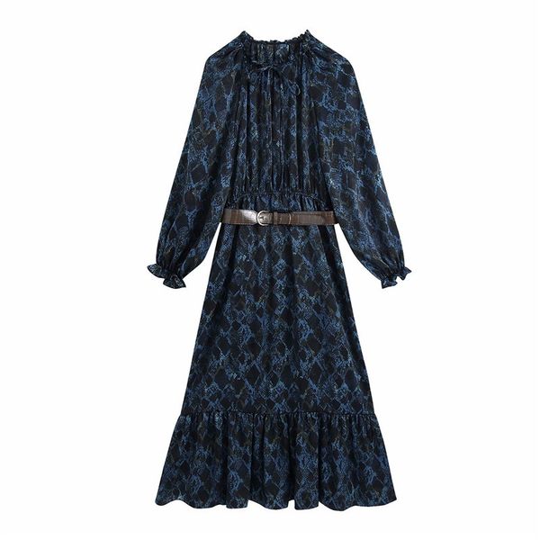 

evfer women autumn sprint fashion print za long blue chiffon dresses female elegant sleeve high waist slim dress with belt 210421, Black;gray