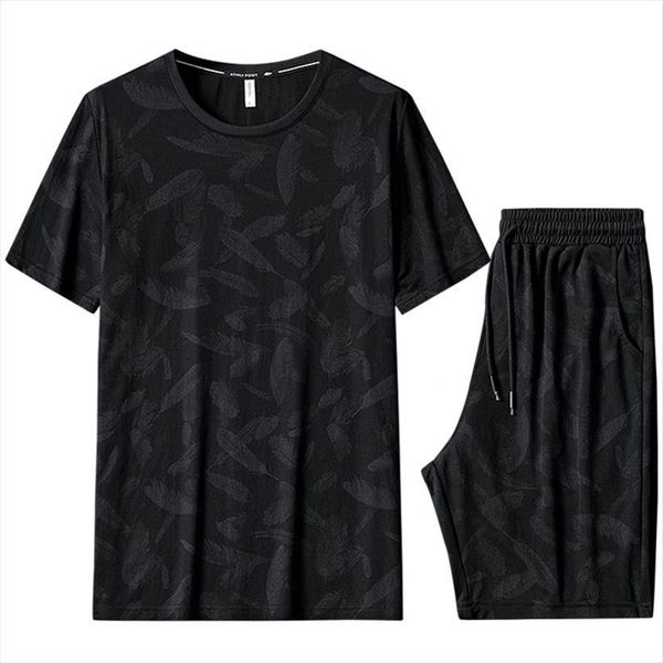 

summer black print ice silk mens tracksuit short sleeve t shirts shorts 2 piece sets sportswear jogging sweat suits 5xl, Gray