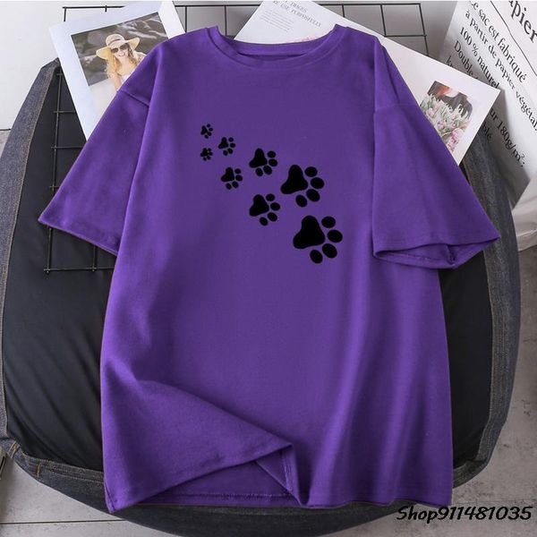 

cat foot print woman t-shirts summe loose female o-neck short sleeve tees 2021 clothing polyester retro camisetas women's t-shi, White