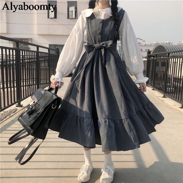 

2021japanese harajuku lolita style women long sundress black gray blue oversized sleeveless dress cute kawaii ruffles sashes dresses