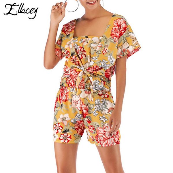 

ellacey 2021 summer floral shirt and playsuits two piece set female flower print prairie chic 2 women shorts suit women's pants, White