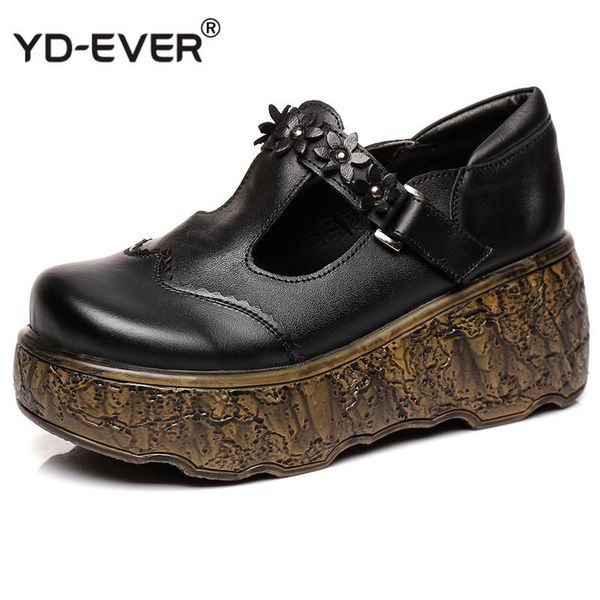 

dress shoes autumn retro flower genuine leather women high heel non-slip platform wedges fashion, Black