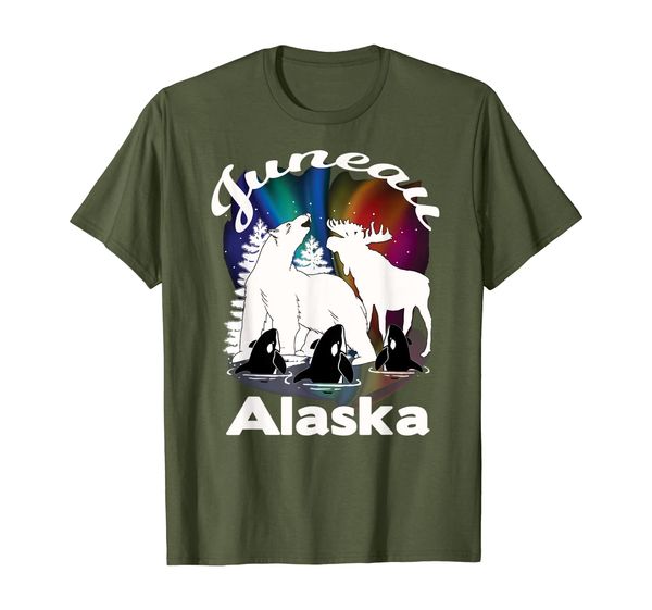 

juneau alaska aurora borealis bear moose souvenir t-shirt, White;black