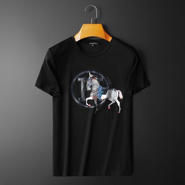 

fashion t shirts 2021 summer men's round neck short sleeve high end mercerized cotton fabric exquisite iron drill wear, White;black