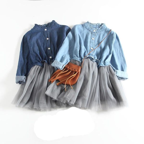 

girl's dresses 2021 spring autumn baby girl dress long sleeve toddler kids for girls denim mesh patchwork princess, Red;yellow