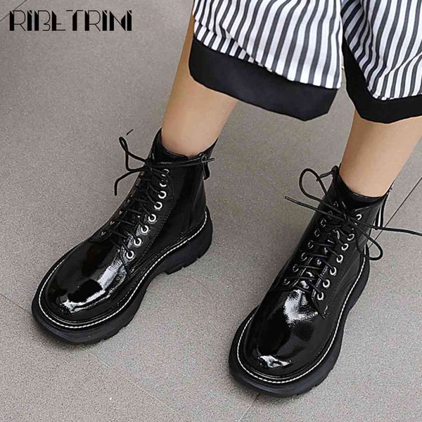 

boots ladies comfy low wees ankle shoes brand flat platform women lace-up punk boots, Black