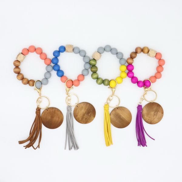 

foreign trade personalized blank wooden disc pendant keychain beech wood elastic thread bracelet key ring a variety of colors to choose from, Silver