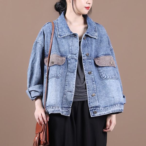 

women's jackets women denim pocket stitching casual 2021 autumn korean vintage style turn-down collar loose female outerwear, Black;brown