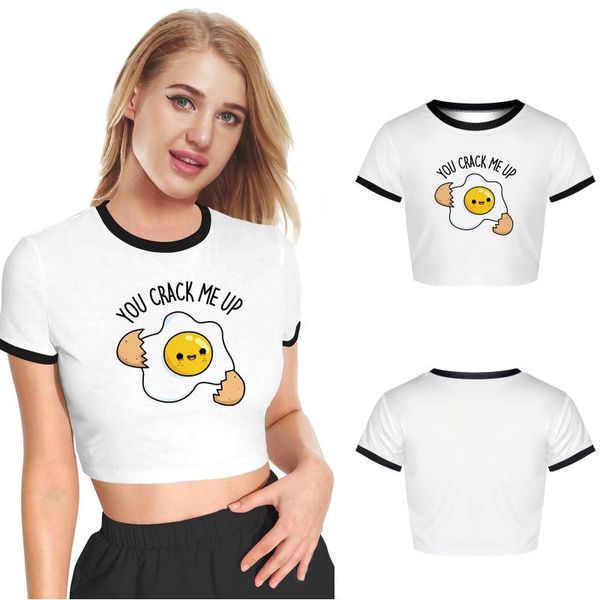 

women's t-shirt egg print pattern t-shirts exposed navel oversize crop short sleeve tshirts women clothing tee shirt, White