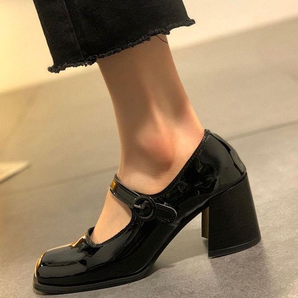 

dress shoes retro mary jane high heels women 2021 spring evening gentle thick heel all-match single pumps, Black