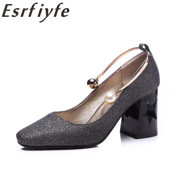 

women fashion square high heels summer pumps sequined cloth pearl strap toe slip-on party shoes dress, Black