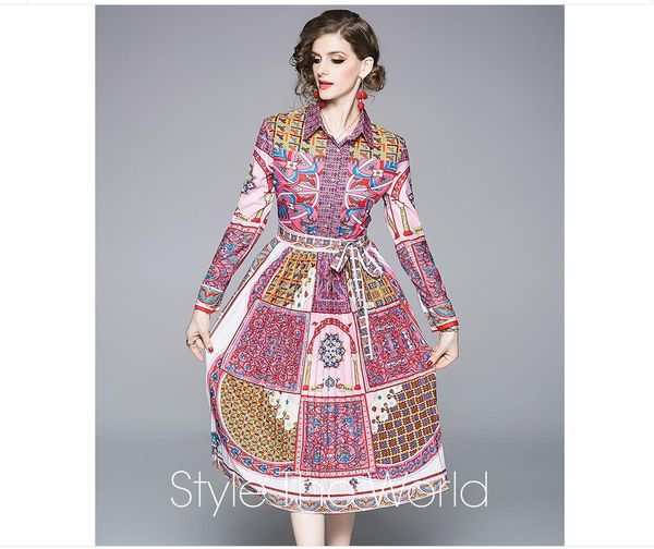 

lady women european dress retro style print mid-length pleated lapel slim long-sleeved rose red, Black;gray