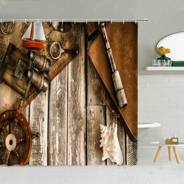 

shower curtains mediterranean retro boat rudder curtain telescope navigation marine bathroom decor wood stripe waterproof set