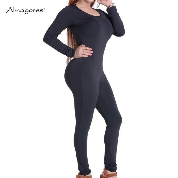 

women's jumpsuits & rompers womens jumpsuit 2021 autumn winter skinny long sleeve solid o-neck back zippers bodycon overalls, Black;white