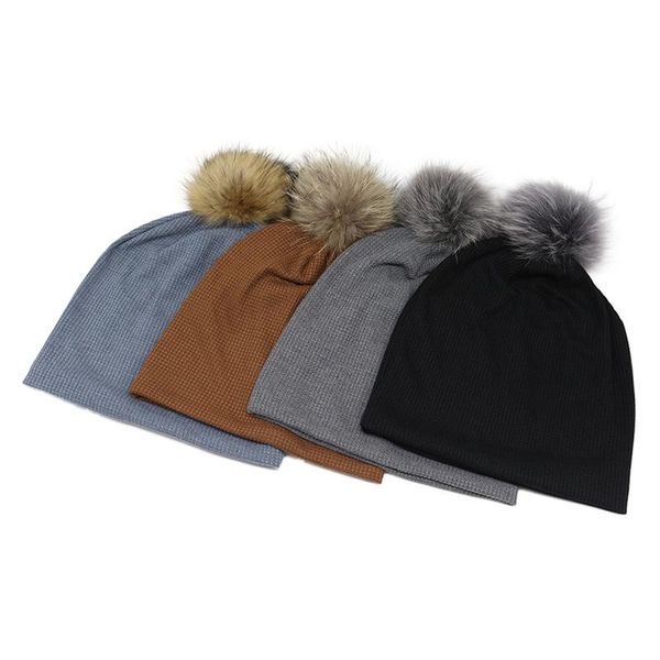 

beanie/skull caps brand women's pompom beanie hat winter warm knitted slocuhy beanies with real fur pompons fashion rhinestones skullie, Blue;gray