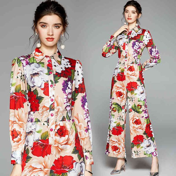 

dresses autumn holiday floral print jumpsuit women long sleeve single bresated elastic waist rompers wide leg full pants beach overalls, Black;gray
