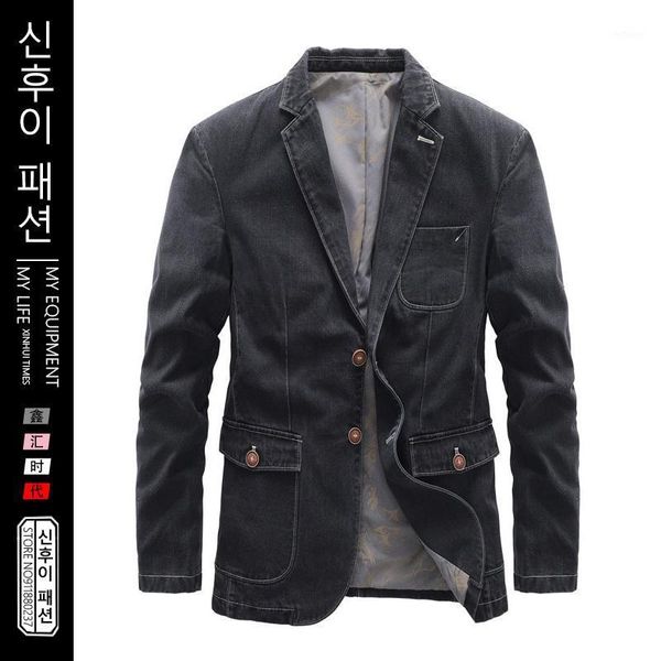 

men's jackets cotton denim suit single breasted pockets grey casual street spring autumn male outwear slim mens cowboy blazer, Black;brown