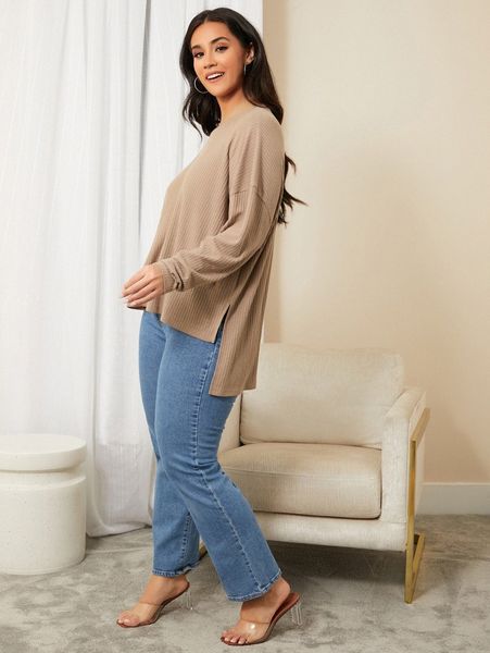 

plus drop shoulder rib-knit tee f62r#, Black
