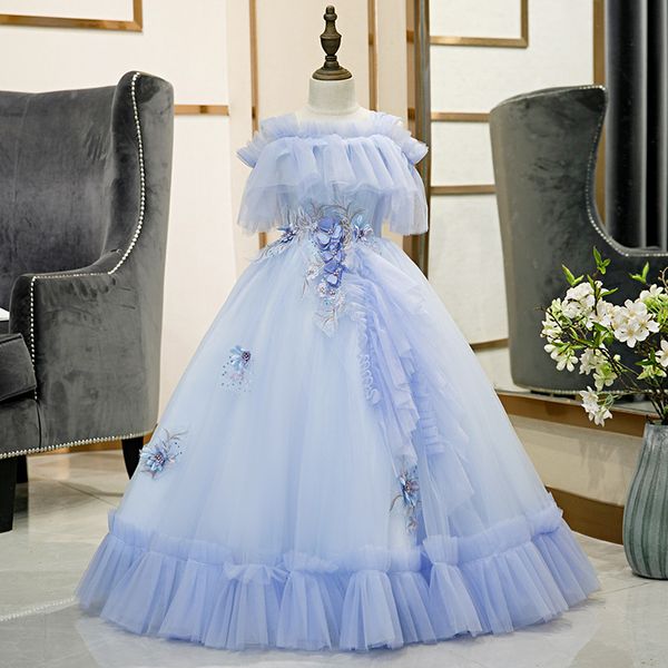 

2021 blue flower girl dresses jewel neck appliqued beaded feather girl pageant gown cascading ruffle sweep train custom made birthday gowns, White;red