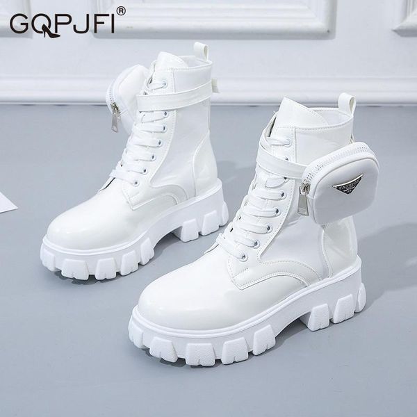 

boots white nude fashion pocket thick-soled lace-up women's shoes knight women 2021 pu girly shoe, Black