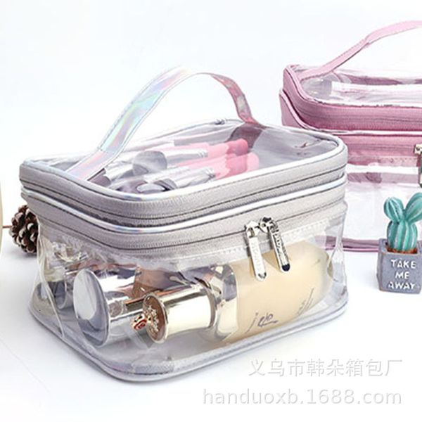 

double layer laser colorful pu cosmetic pvc transparent waterproof wash handbag