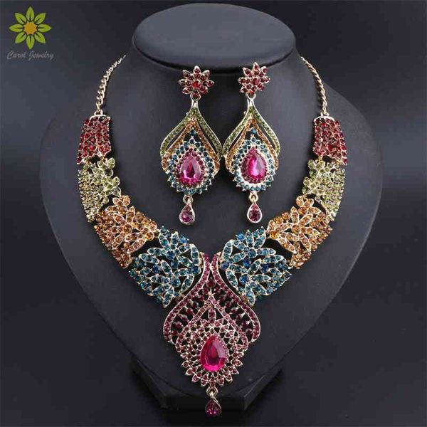 Set di orecchini per collana a forma di piuma con strass di cristallo multicolore color oro. Set di gioielli da sposa africani