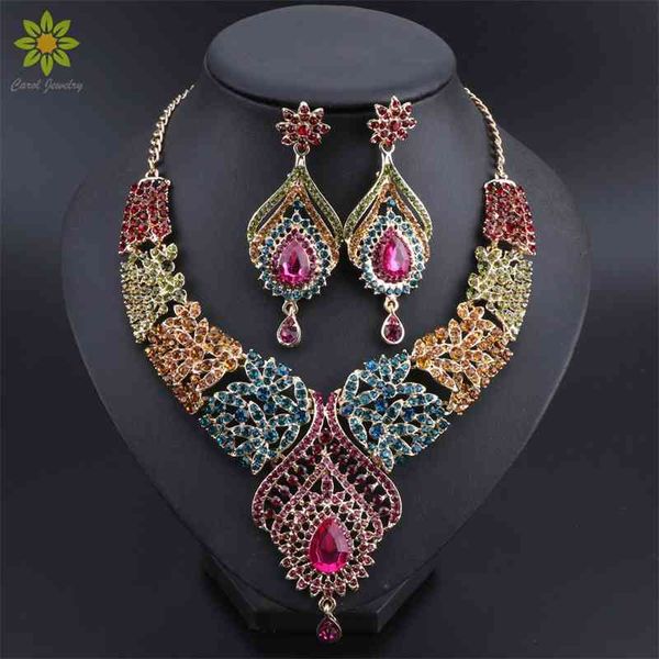 Gold Color Multicolor Crystal Rhinestones Перо в форме ожерелье серьги набор африканских свадебных ювелирных изделий