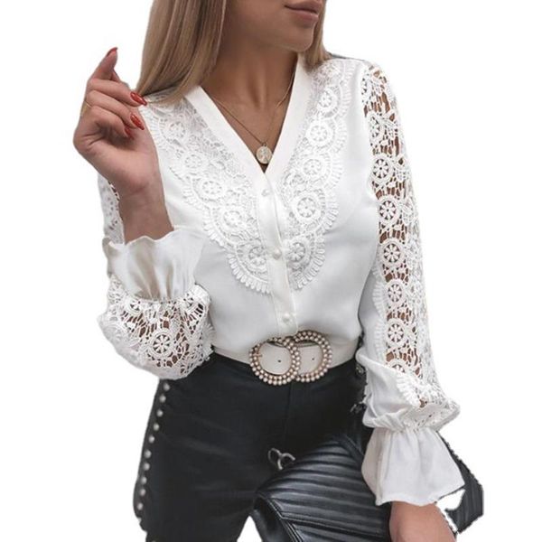 

women's blouses & shirts lace patchwork hollow out blouse women elegant v neck petal sleeve female summer office lady casual ld1854, White
