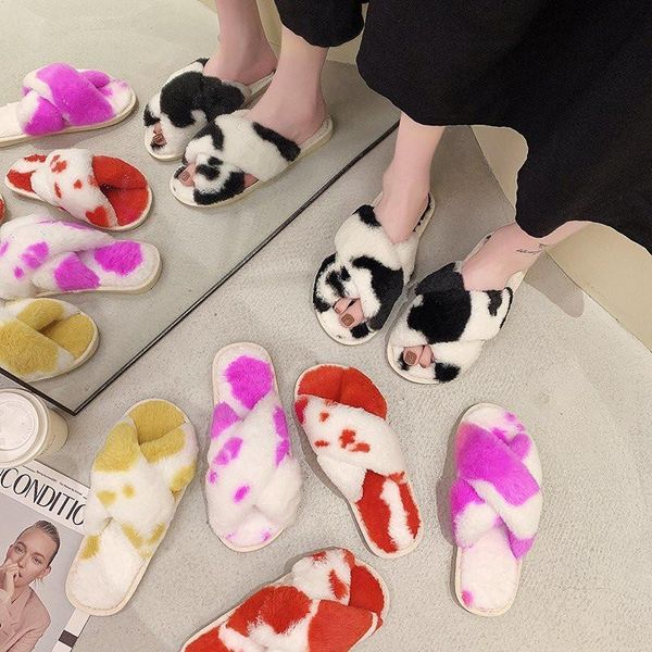 

slippers 2021 winter women's fluffy solid cross plush open toe slider soft feet warm artificial fur shoes shallow, Black