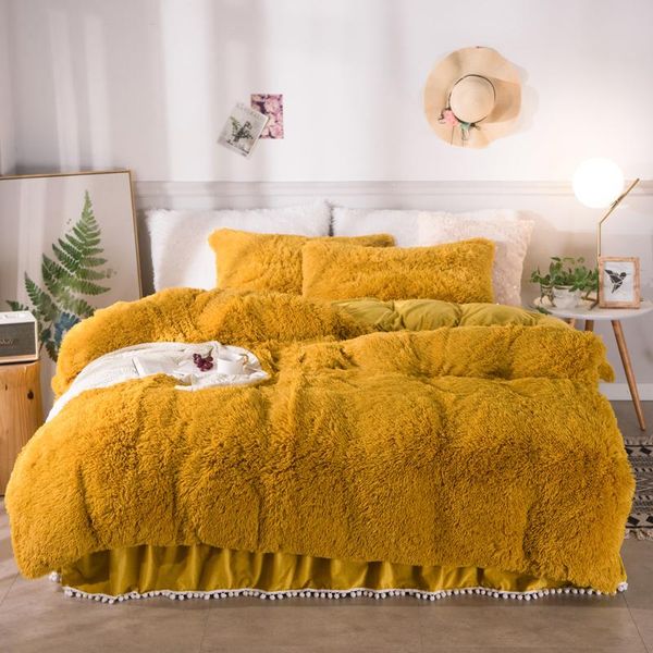 

bedding sets yellow pink blue white gray red purple plush shaggy warm thick fleece set mink velvet duvet cover bed skirt pillowcases