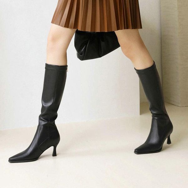 

boots 2021 women pu leather stretch knee high sext heel long autumn winter fashion zipper woman shoes black