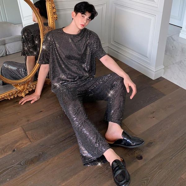 

men's tracksuits bar night club male singer drum set jazz dance hip hop sequined crew neck t-shirt with pants two pieces men fashion cl, Gray