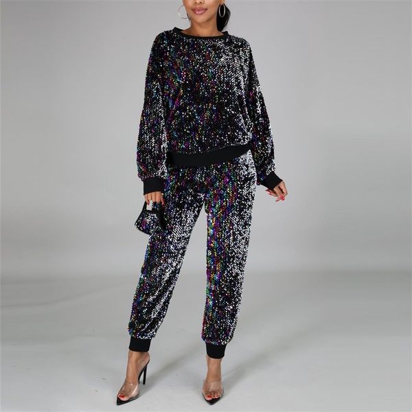 

autumn women fashion clothing sets long sleeve blouse and pants sequined shinny causal elegant two pieces matching set 210510, White