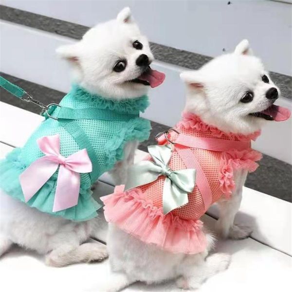 

dog collars & leashes breathable mesh dresses harness leash suit small clothes ropa perro chihuahua skirt bow-knot puppy dress pet