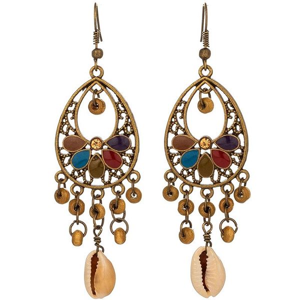 

vintage style drop oil earrings wood bead shell alloy multi-elements fringe stud, Golden;silver