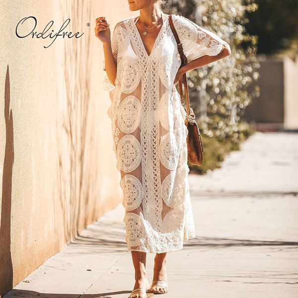 

summer women long embroidery white lace transparent maxi tunic beach dress 210415, Black;gray