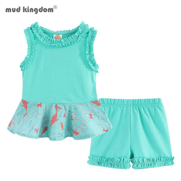 Mudkingdom Ruffle verão toddler menina roupa plissada sem mangas camisetas e shorts set para meninas roupas bonitos terno sólido 210615