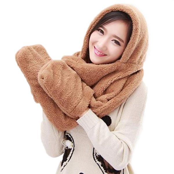 

hats, scarves & gloves sets 3 in 1 women winter warm soft hood scarf snood pocket hats fashion hooded srarves hat glove piece, Blue;gray