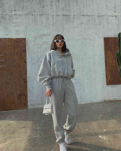 

2023 clothing set autumn and winter street women joggers 2 sets of hooded sweatshirt trousers 2 sets of tracksuit wool suit tracksuit pants, White