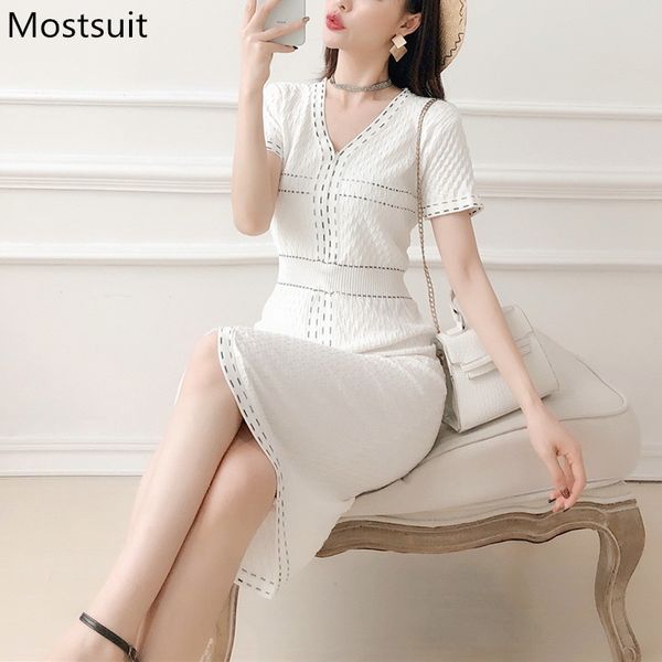

summer elegant knitted zip-up dress women short sleeve v-neck female ladies dresses ol style vintage vestidos white black 210518, Black;gray