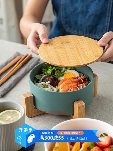 

bowls 850ml creative japanese ceramic bowl fruit dish salad instant noodle with bamboo frame dessert ramen